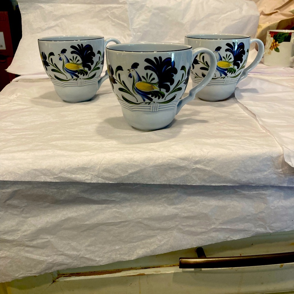 French Country Ceramic Mugs - Blue and Yellow Design